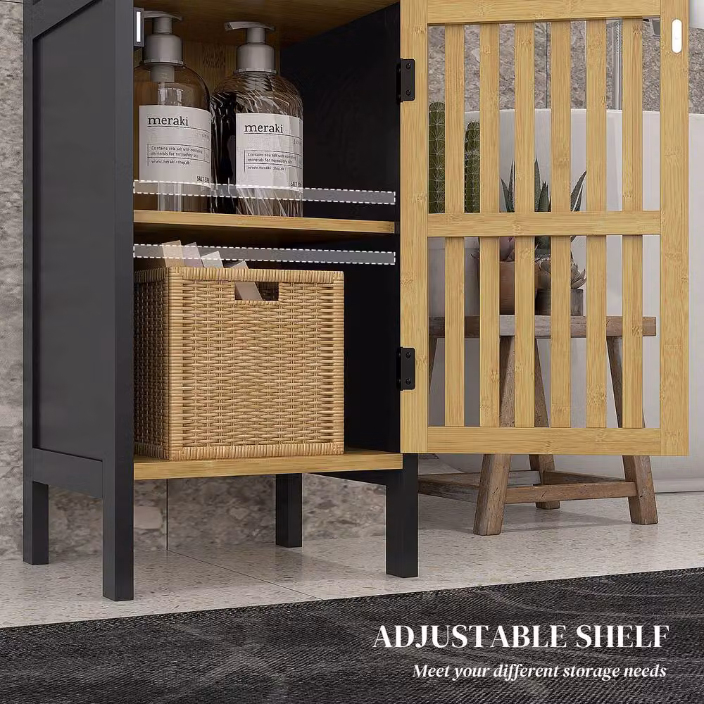 STILVORA Black Bamboo Bathroom Storage Unit with Cupboard and Shelves – 5