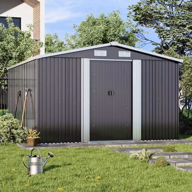 Breeins Metal Pent Garden Shed with Sliding Doors in Anthracite W/D/H: 365.76 x 304.8 x 213.36 cm