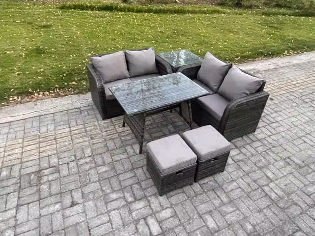 Fimous 6 Piece Wicker Rattan Garden Furniture Set with Rectangular Dining Table in Dark Grey