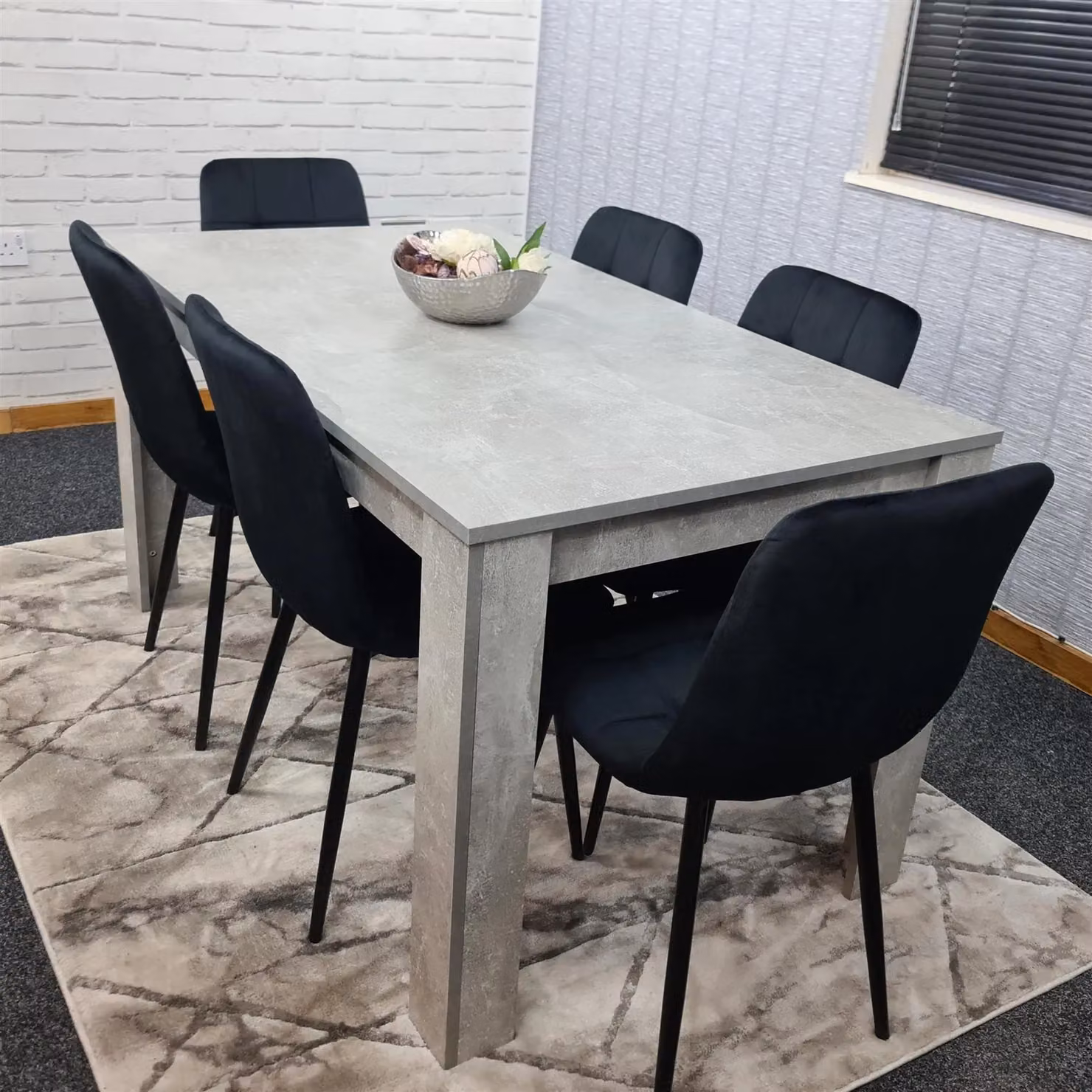 Kosy Koala Stone Grey Effect Wooden Dining Table Set with 6 Black Velvet Chairs in Brown – 4