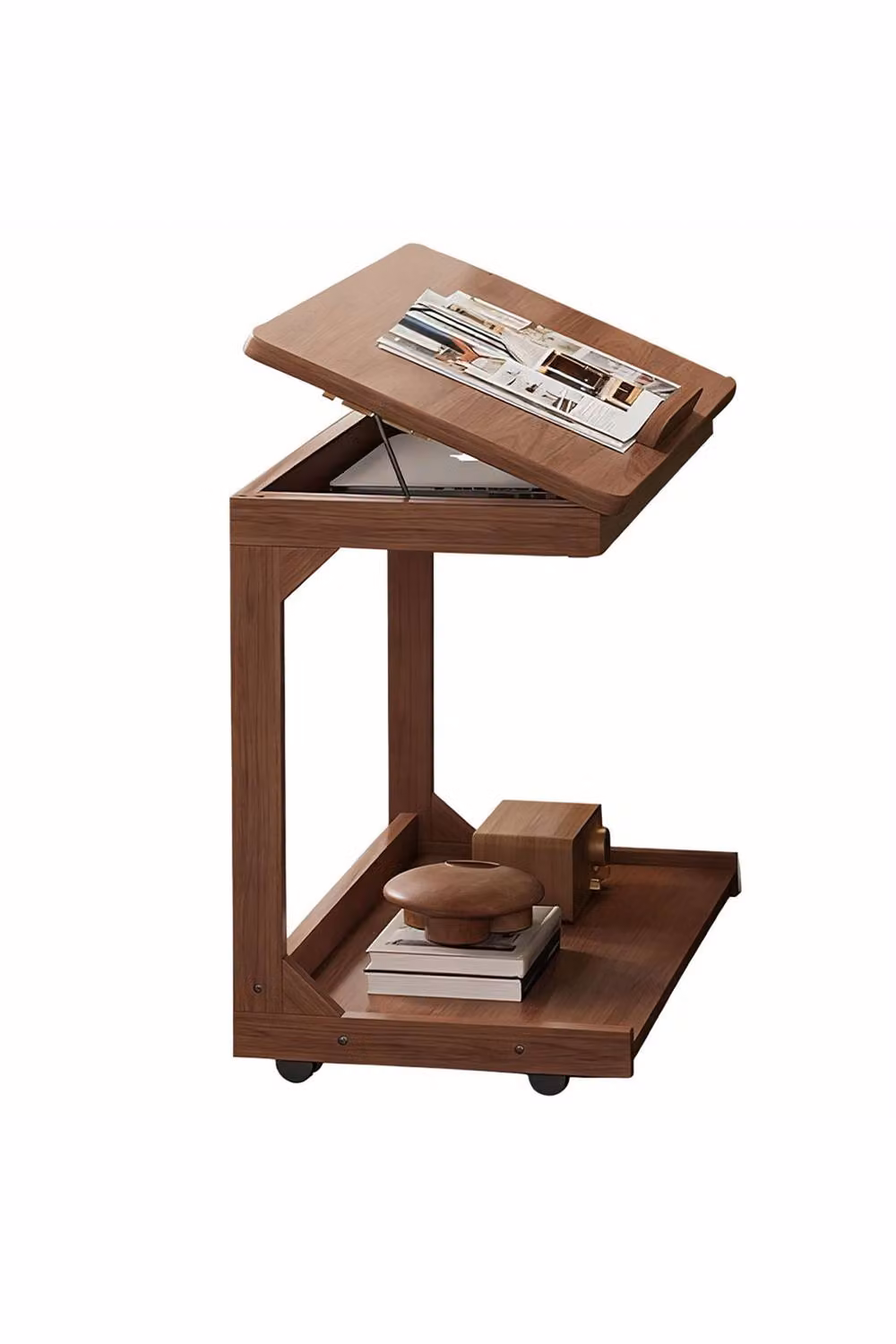 Living and Home C-Shaped Side Table with Wheels and Hidden Storage in Walnut – 4