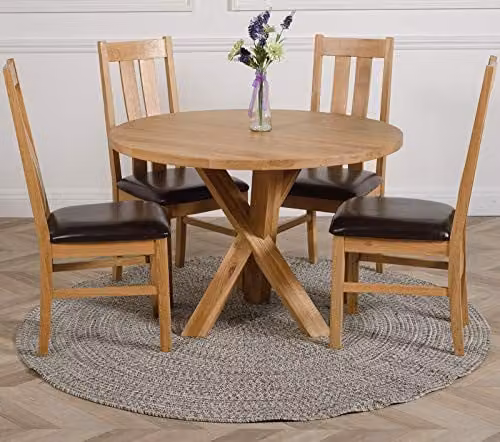 Oak Furniture King Oregon Solid Oak Round Dining Table and 4 Princeton Chairs Set, Brown, W/D/H: 110 x 110 x 76 cm