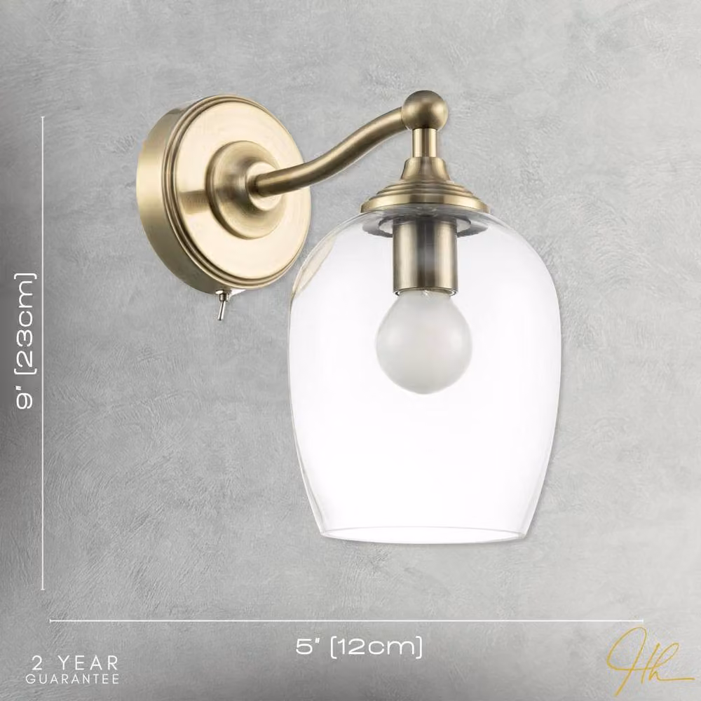 Happy Homewares Traditional Wall Light Fitting in Antique Brass with Clear Glass Shade in Gold – 2
