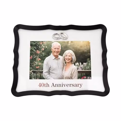 Happy Homewares Modern 40th Ruby Anniversary Landscape 10x15 cm Picture Frame in Matte Black Metal with Red Text and Silver Rings – 1