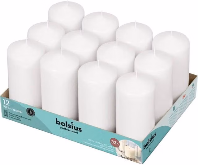 Bolsius Professional White Pillar Candles, Pack of 12