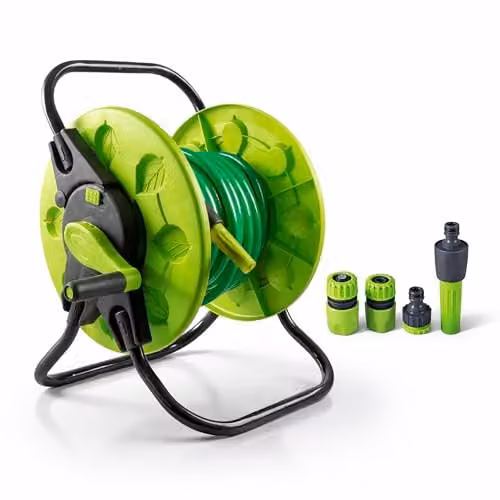 St Helens Home & Garden Green Hose Cart with 50m Hose and Spray Nozzle Connector