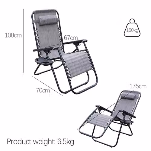 Alivio Set of 2 Grey Zero Gravity Sunloungers with Adjustable Headrest, Cup Holders and Armrests – 2