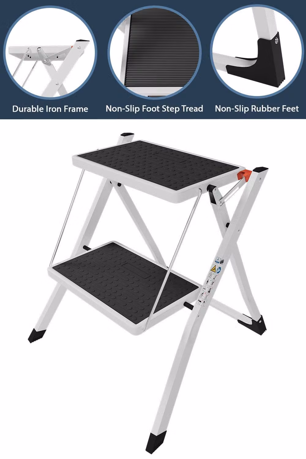 HD Designs 2 Step Folding Stool with Anti-Slip Rubber Feet in White – 4
