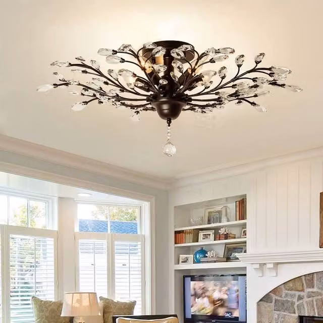 NIVOR Vintage K9 Metal and Crystal 5-Light Ceiling Pendant Chandelier in Black with Transparent Accents, E14