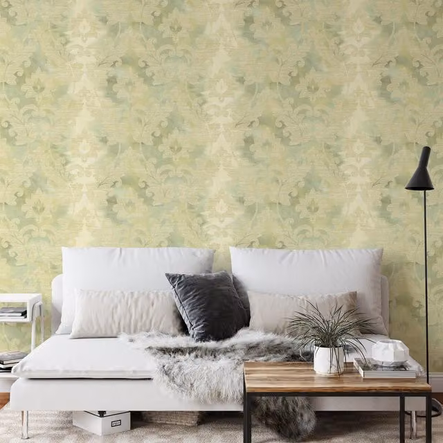 Wallquest Villa Rosa Damask Leaf Wallpaper in Green and Beige with a Classic Botanical Floral Design