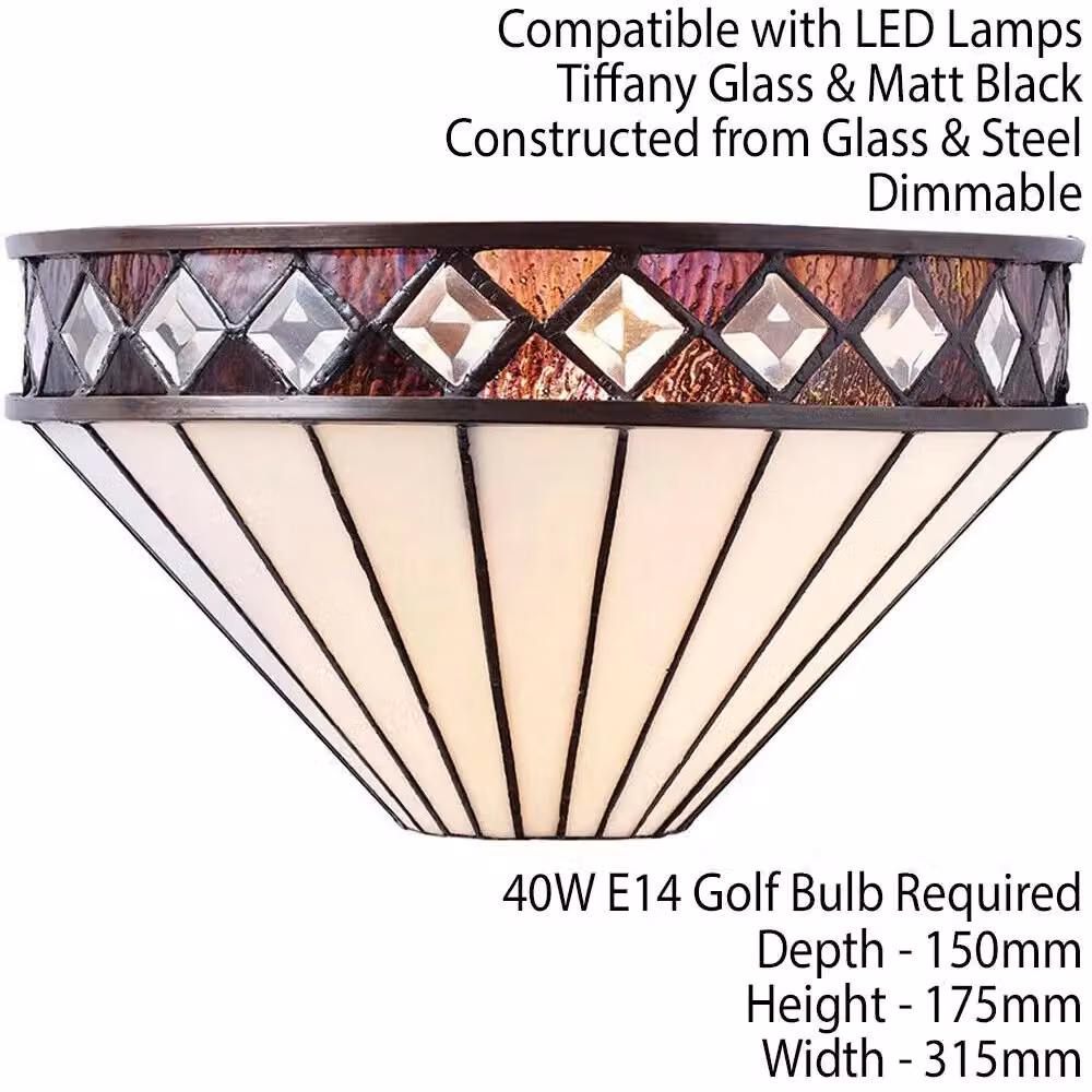 Loops Tiffany Glass Wall Light in Rich Cream and Transparent with Diamond Trim Interior Sconce – 2