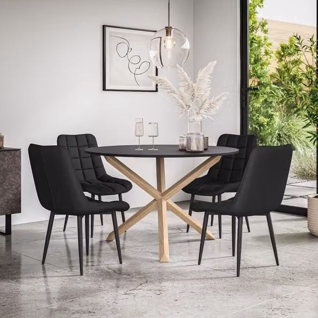 More4Homes Malvern Round Dining Table and 4 Nova Faux Leather Chairs Set, Black Table Top with Solid Oak Legs, Diameter: 120 cm, Height: 75 cm