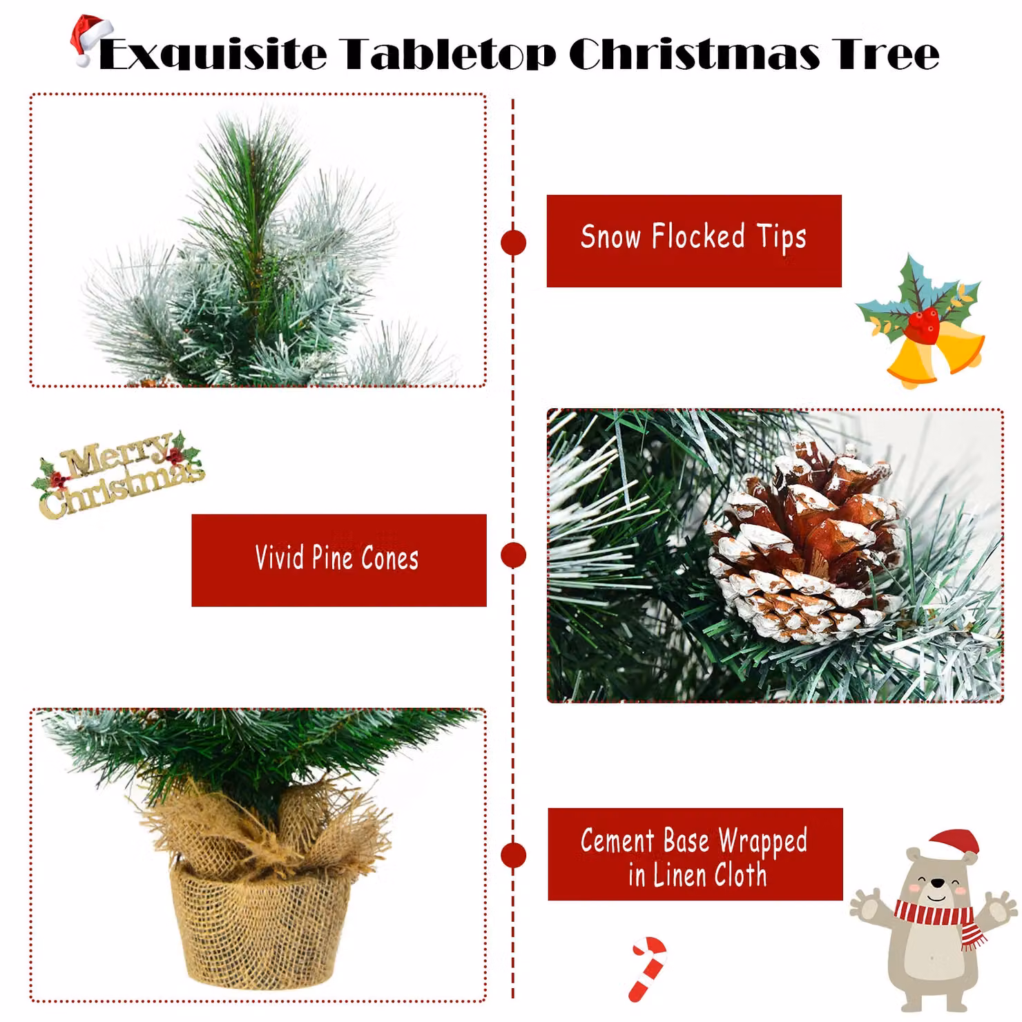 Costway Snow Flocked Pine Artificial Christmas Tree with Pine Cone Decoration, Green, Height: 60 cm – 4