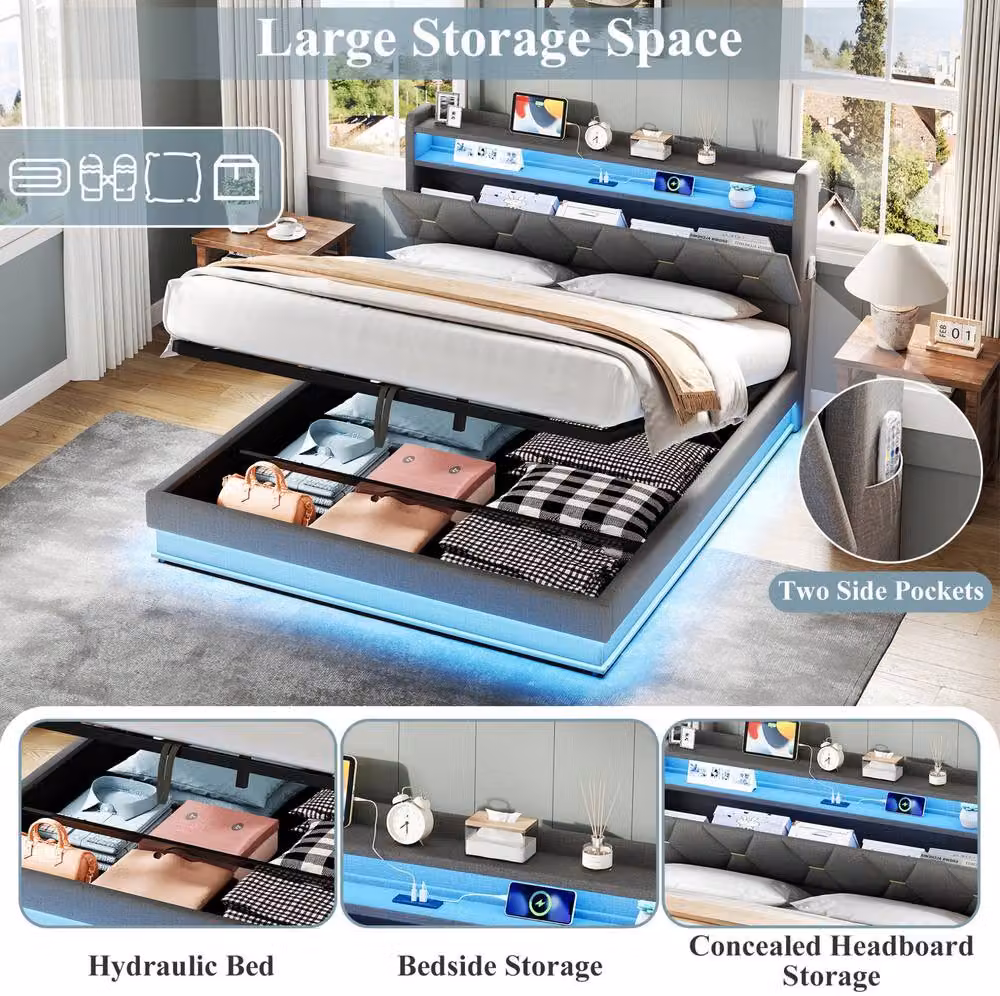 STILVORA Modern Grey Fabric Double Bed Frame with Lift-Up Storage, LED Lighting and USB Ports, 140 x 200 cm – 6