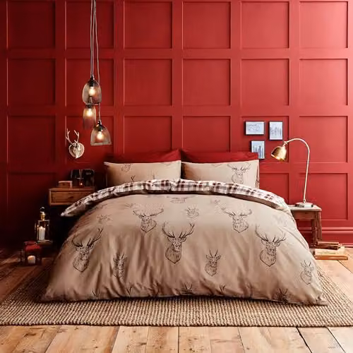 Catherine Lansfield Stag Check Reversible King Duvet Cover Set in Beige – 1