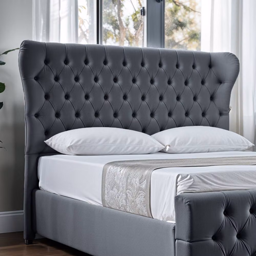 UK Bed Furniture Isabella Upholstered Slatted Base Bed with Wingback Headboard in Anthracite, W/D/H: 140 x 200 cm – 3