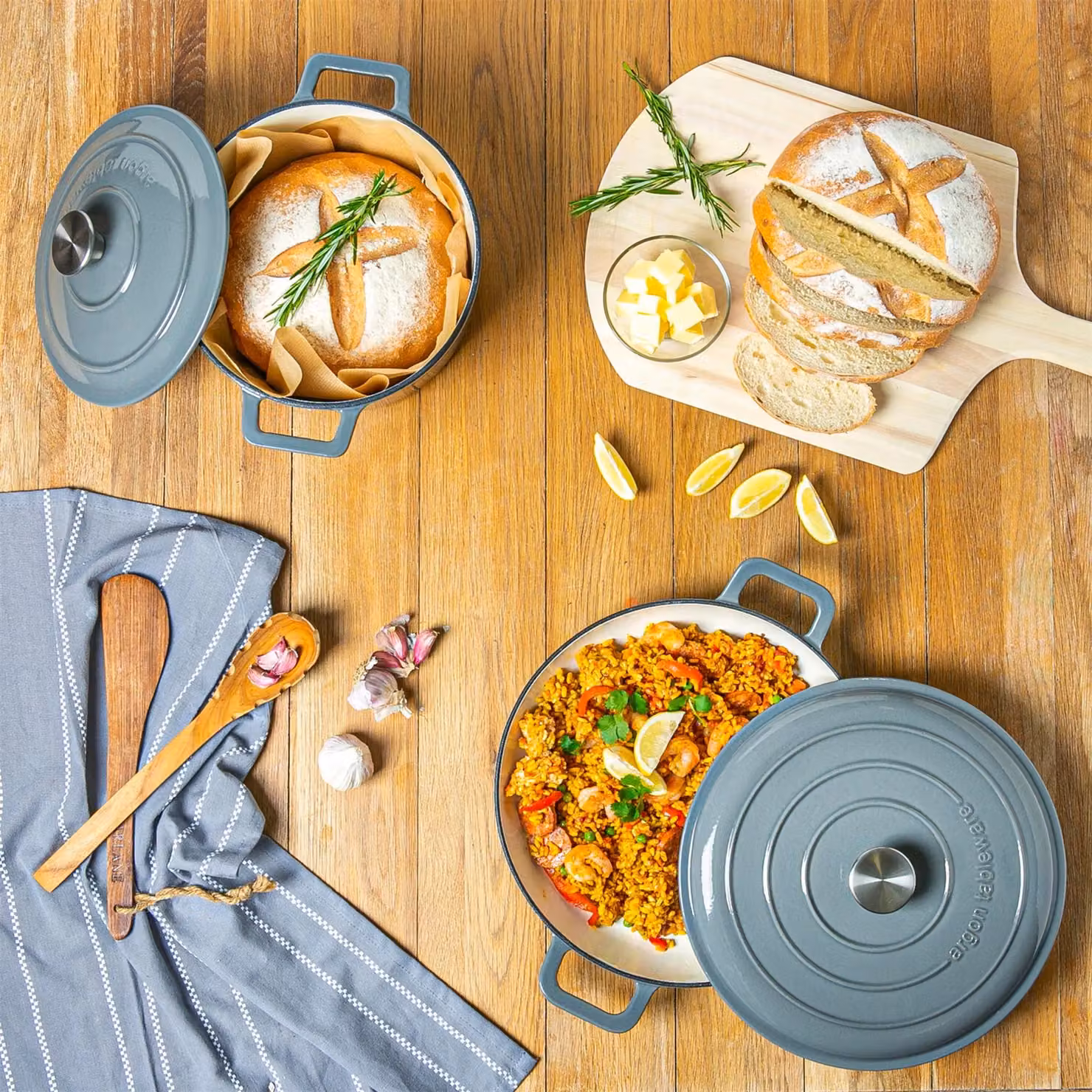 Argon Tableware 2pc Grey Enamel Cast Iron Casserole Dish Set with Self-Basting Lids, 2.3 l and 4.68 l – 4