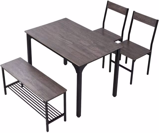 KORVIXA Grey Industrial Dining Set with Square Wood Table, 2 Stools and 1 Bench, W/D/H: 100 x 100 x 100 cm