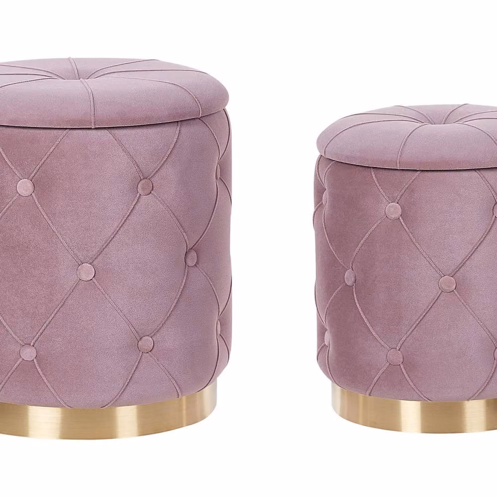 Wyld and Coco Pink Velvet Button Tufted Storage Pouffes Set with Gold Base – 2