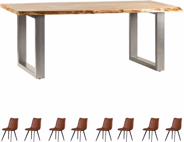 IH Design Modern Rectangular Acacia Wood Dining Table Set with 8 Chairs in Brown