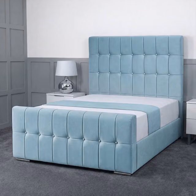 Living Comfort Bedz Belmont Plush Velvet Upholstered Bed with Slatted Base and 48 Inch Headboard in Light Blue, Small Double