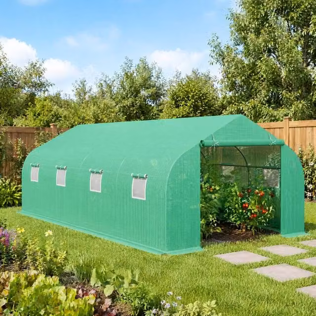 STILVORA Green Walk-in Greenhouse with Windows and Roller, W: 595 cm, D: 300 cm, H: 200 cm