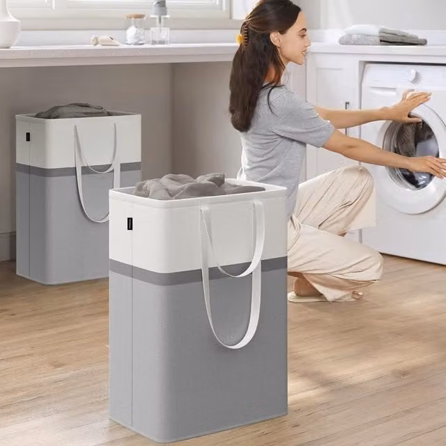 The Bazaarist Set of 2 Collapsible Fabric Laundry Hampers with Handles, Grey, W/D/H: 40 x 30 x 20 cm and 65 x 40 x 30 cm