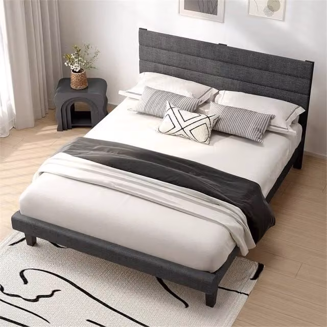 Kelvenix Single Fabric Bed Frame with Wooden Platform and Metal Support in Grey, W/D/H: 90 x 200 cm