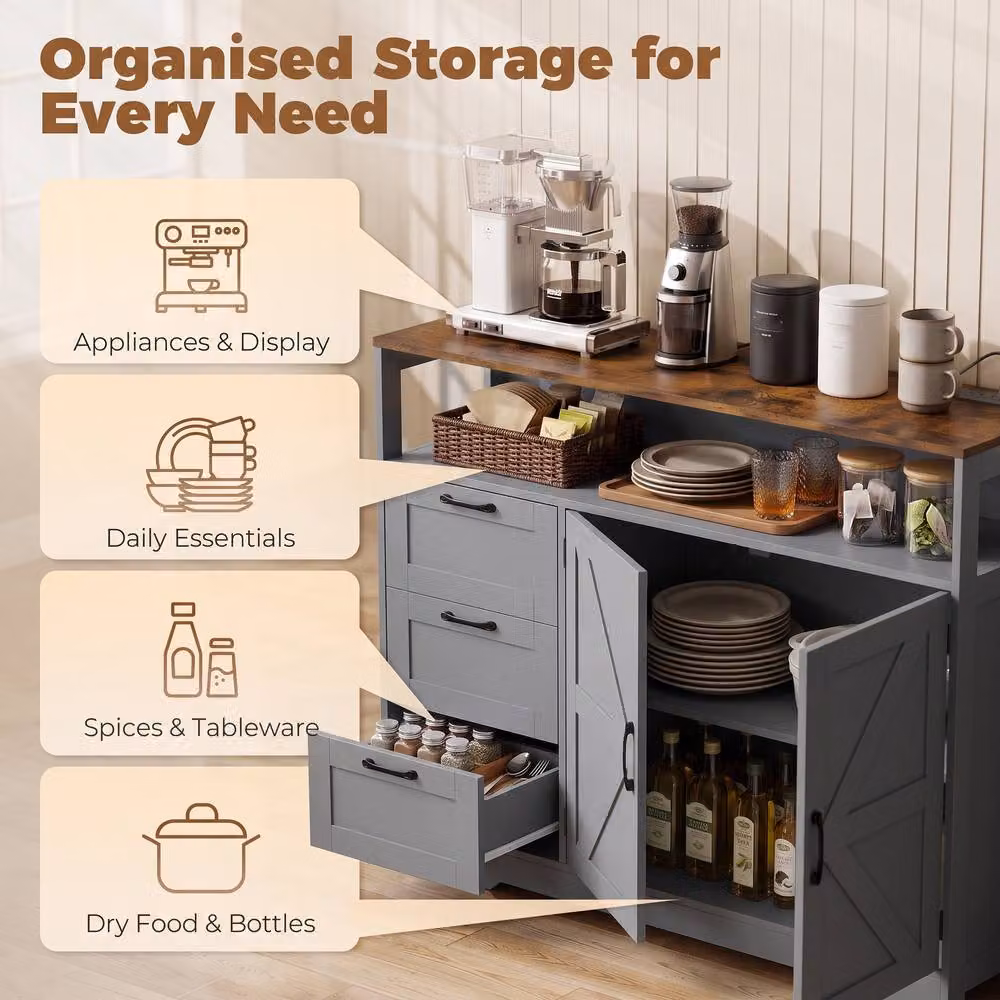 HOMCOM Rustic Grey and Brown Wood Sideboard Buffet Cabinet with Storage and Power Outlet – 4