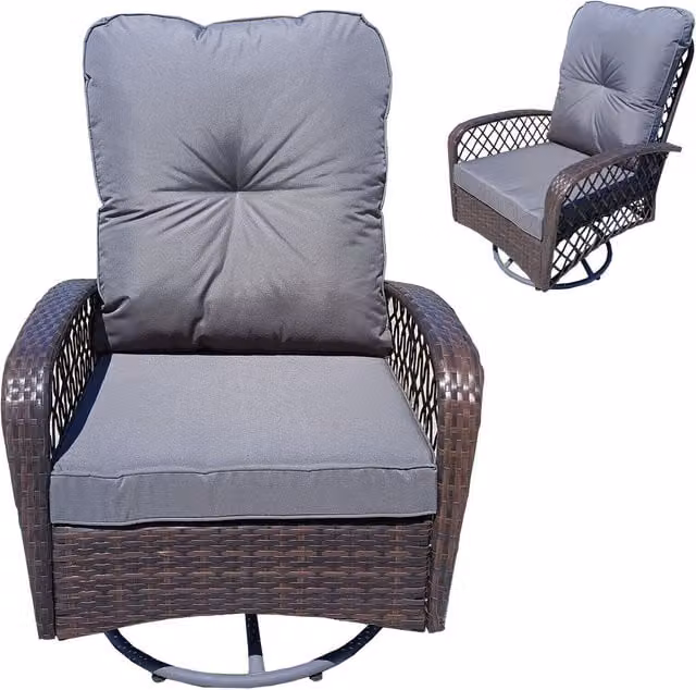 Furniture One Grey Patio Rattan 360 Swivel Rocker with Armrests and Cushions