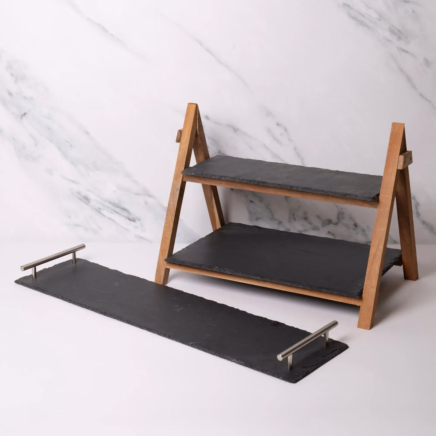 Artesa 2-Piece Black Slate and Wood Serveware Set featuring a Rectangular Serving Platter and a 2-Tier Serving Stand – 2