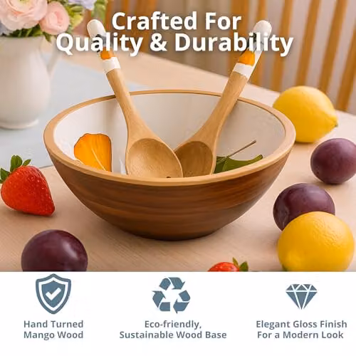 Hartsmede Brown Mango Wood Salad Bowl with Spoons, Diameter: 30.48 cm – 4