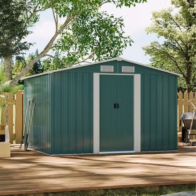 Livingandhome Green Metal Gable Roof Garden Shed with 4 Plastic Roof Vents and Sliding Doors