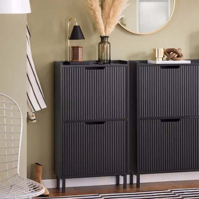 SoBuy Slim Modern Black Matt Shoe Cabinet with Tilting Compartments and Internal Shelves – 1