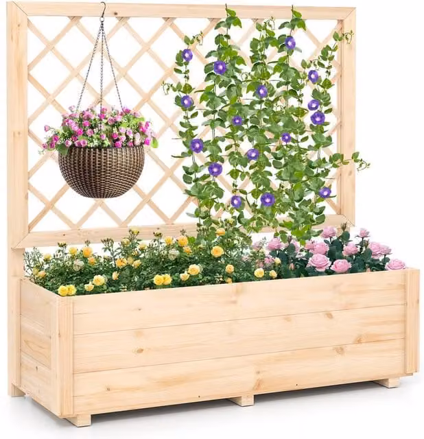 Gymax Wooden Raised Garden Bed with Lattice Trellis in Natural Brown and Beige, Height: 104 cm – 1