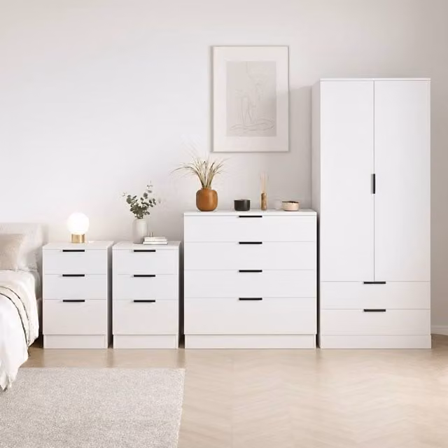 Vida Designs Trega 4-Piece White Bedroom Set including Wardrobe, 4-Drawer Chest and 2 Bedside Tables