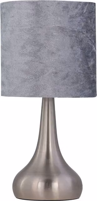 First Choice Lighting Romana Touch Table Lamp with Grey Crushed Velvet Shade in Brushed Chrome – 1