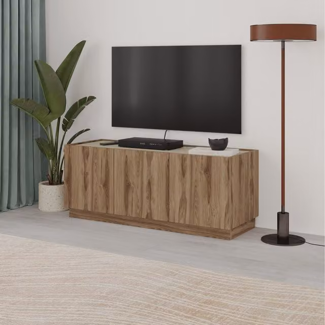 Decortie Modern TV Stand Unit for 50 Inch TVs in Whiskey Oak and Travertine