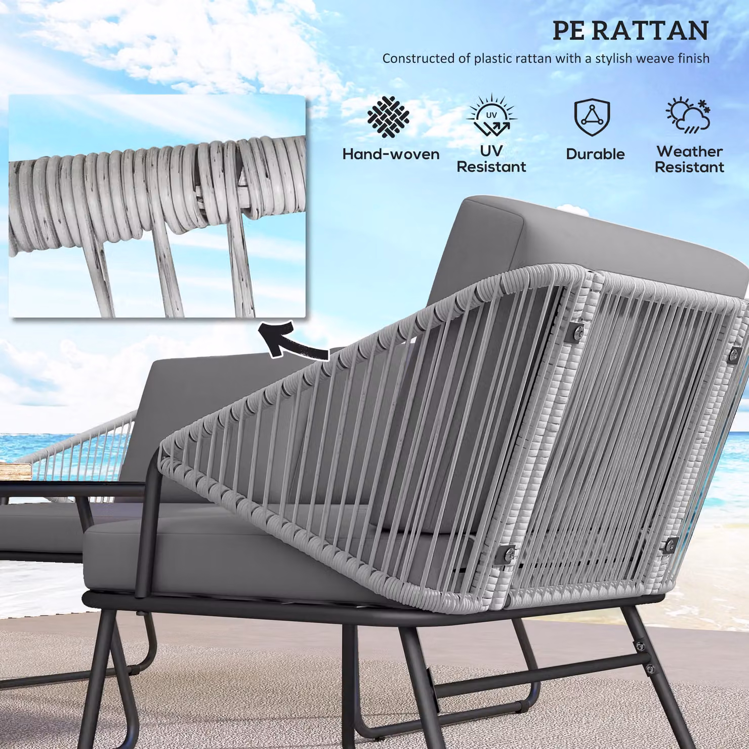 OUTSUNNY 4 Piece Grey Rattan Garden Furniture Set with Upholstered Cushions and Powder Coated Steel Frame – 4