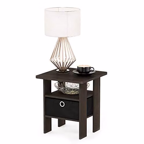 Furinno Andrey Side Table with Open Shelves and Storage Bin in Dark Brown