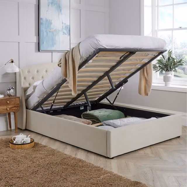 Home Source Tahoe Double End Lift Storage Ottoman Bed in Cream Velvet Fabric