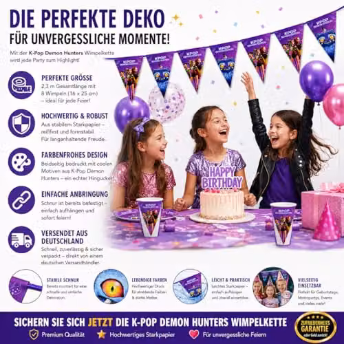 Procos K-pop Demon Hunters Purple Paper Bunting Garland for Children's Birthday Parties, Length: 230 cm – 4