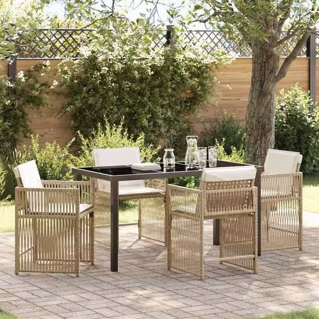 Berkfield Home Garden 5 Piece Modern Poly Rattan Dining Set in Beige with Transparent Glass Tabletop