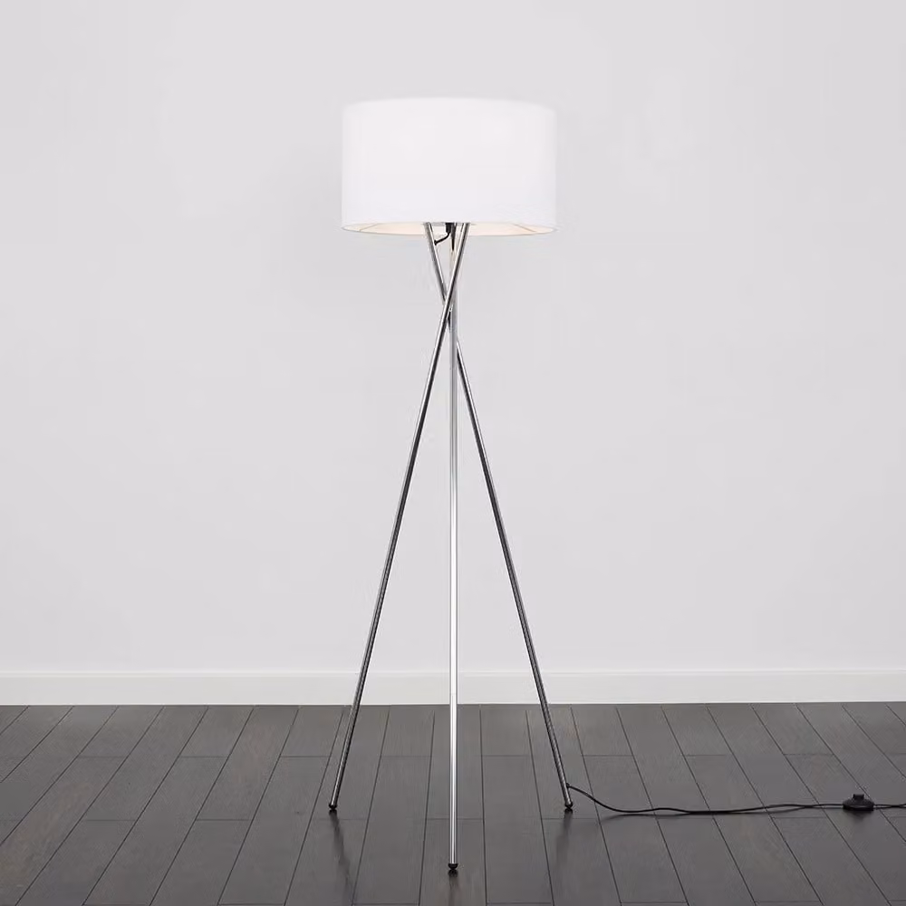 ValueLights Camden Polished Chrome Tripod Floor Lamp with White Fabric Drum Shade and Bulb – 2