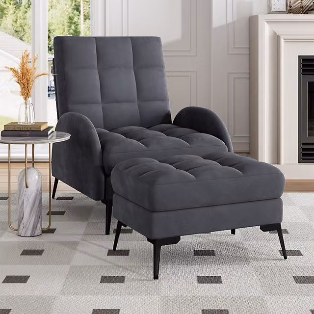 Livingandhome Grey Velvet Upholstered Armchair with Ottoman