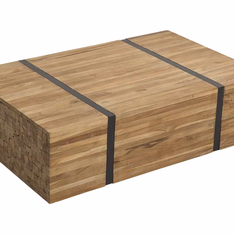 Wyld and Coco Rustic Teak Solid Wood Coffee Table with Castors, Brown, W: 110 cm, D: 69 cm, H: 37 cm