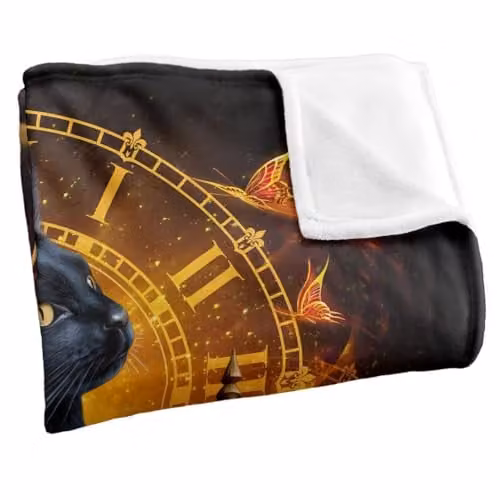 JQ Licensing En Black Cat Time Clocks Super Soft Microfibre Throw Blanket in White, W/D/H: 152 x 127 cm – 2