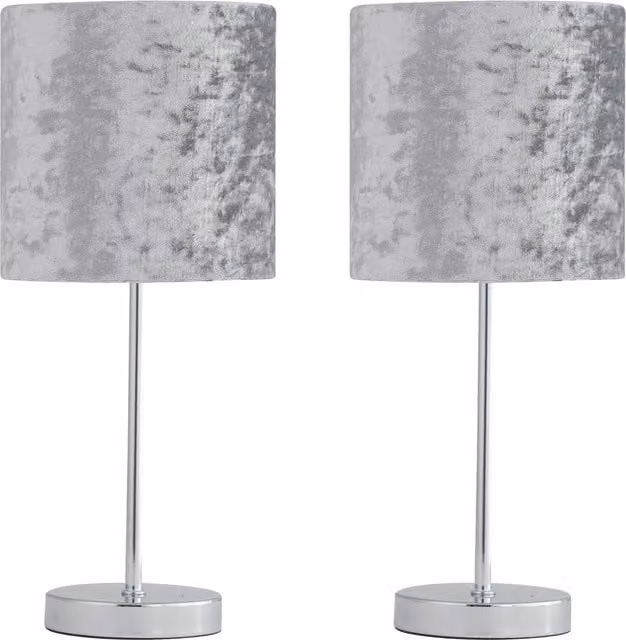First Choice Lighting Set of 2 Chrome Touch Table Lamps with Grey Fabric Shades