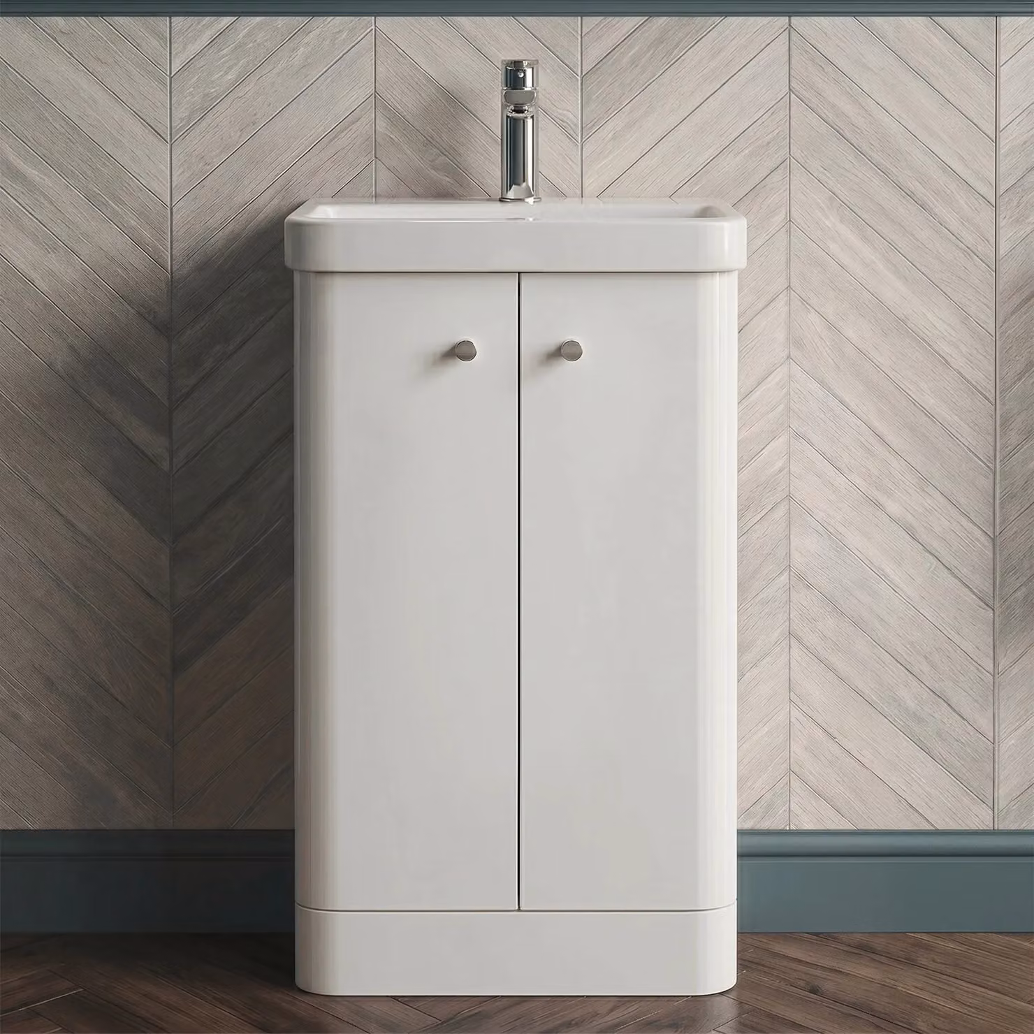 Balterley Modern White Glossy 2 Door Freestanding Bathroom Floor Standing Vanity Unit with Basin, W: 50.5 cm, H: 86.4 cm – 2