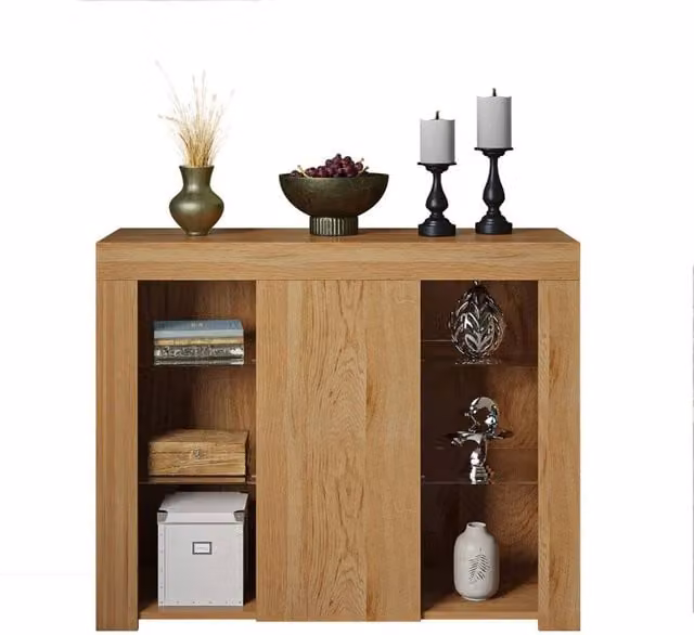 ERGOVEXA Modern 1 Door Oak Sideboard Display Cabinet and TV Unit Stand with Integrated LED Lights in Brown – 1